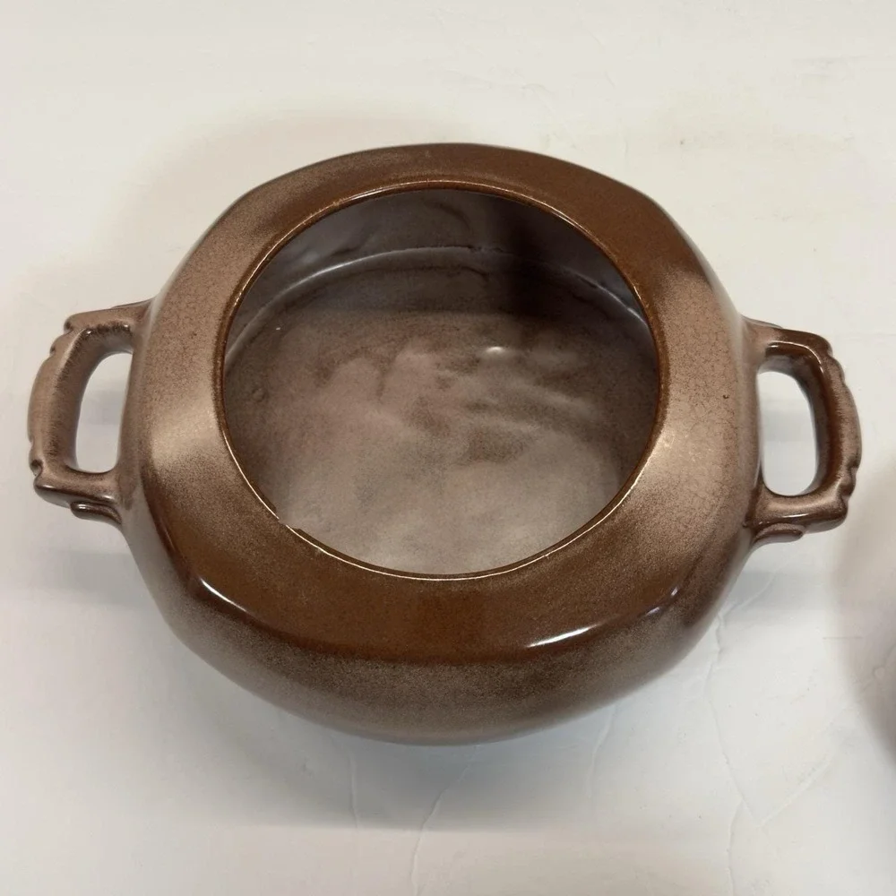 Vintage Mid-Century FRANKOMA POTTERY Baker / Bean Pot Glazed Brown w/ Lid READ‎